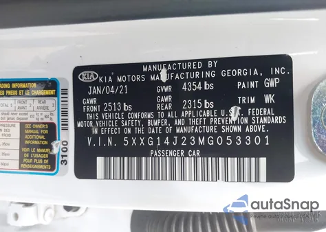 2021 Kia K5 Lxs из США, поврежденный, VIN 5XXG14J23MG053301